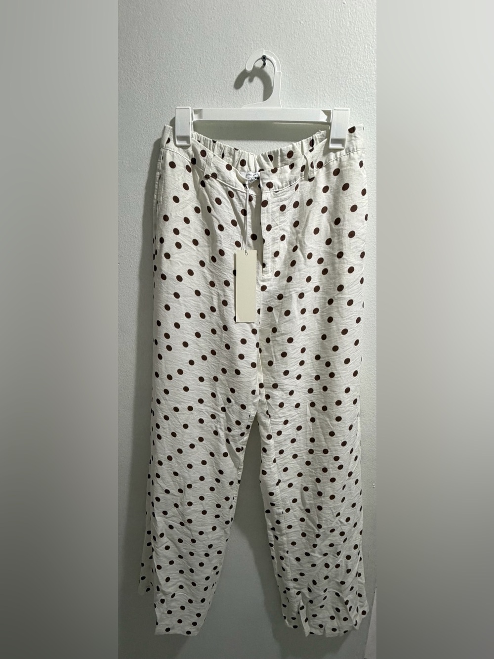 White Wide-Leg Polka Dot Pants with Brown Spots